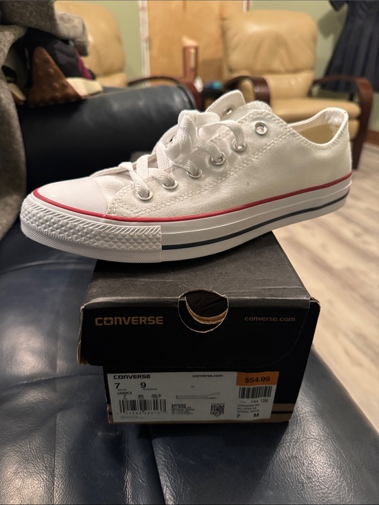 Converse Shoes - Converse White Low-Top Canvas Sneakers with Red and Black Stripe